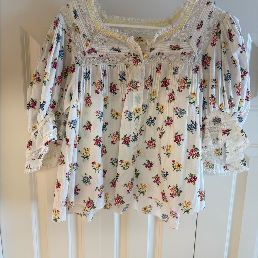 Floral Blouse with Lace Trim